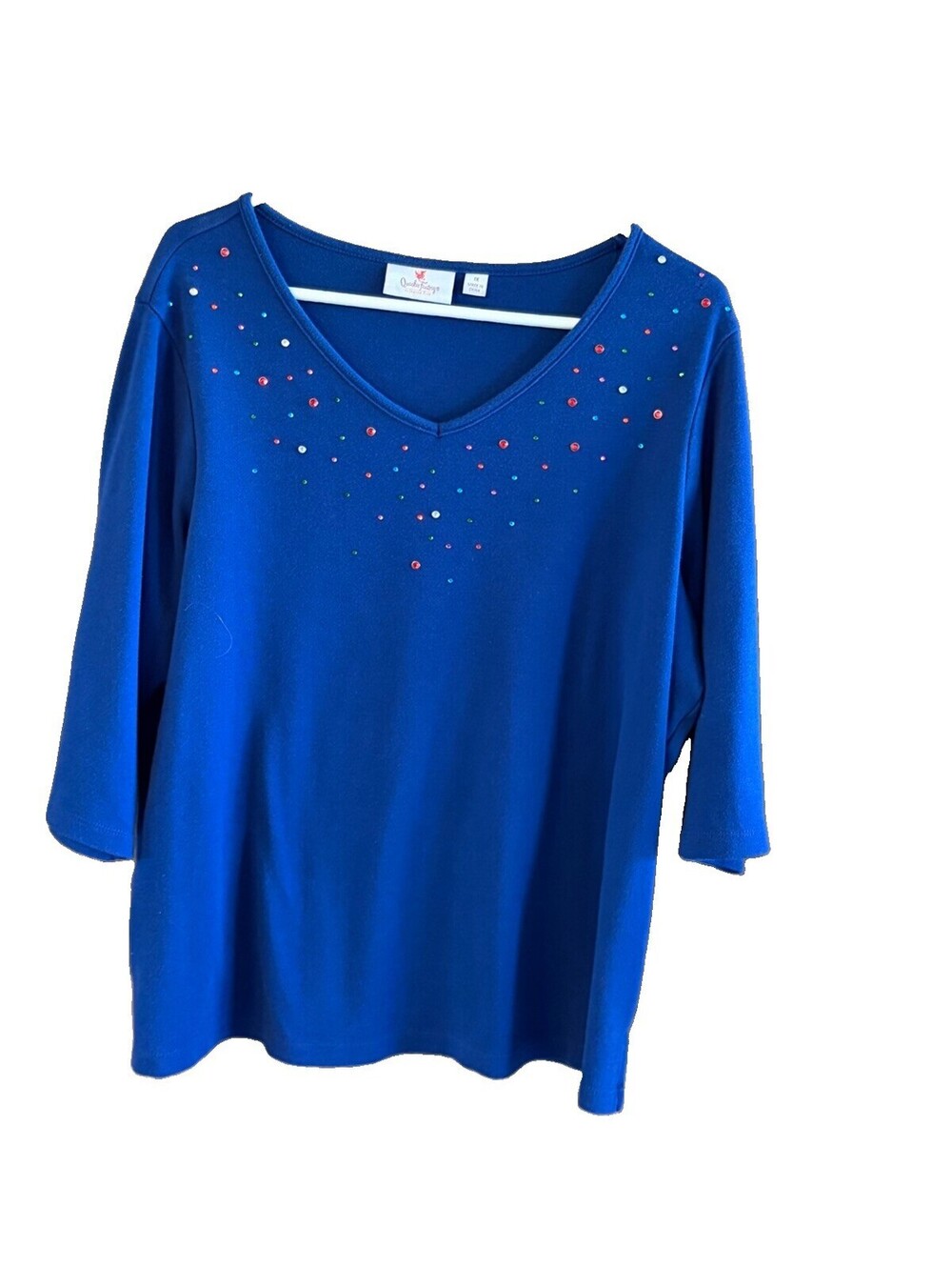 Quacker Factory 1X Blue Top With Rhinestone Detail V Neck 3/4 Sleeve
